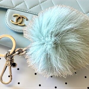 Michael Kors Fur Pom Pom Mint‎ Blue Keychain & Bag Charm Purse Accessory